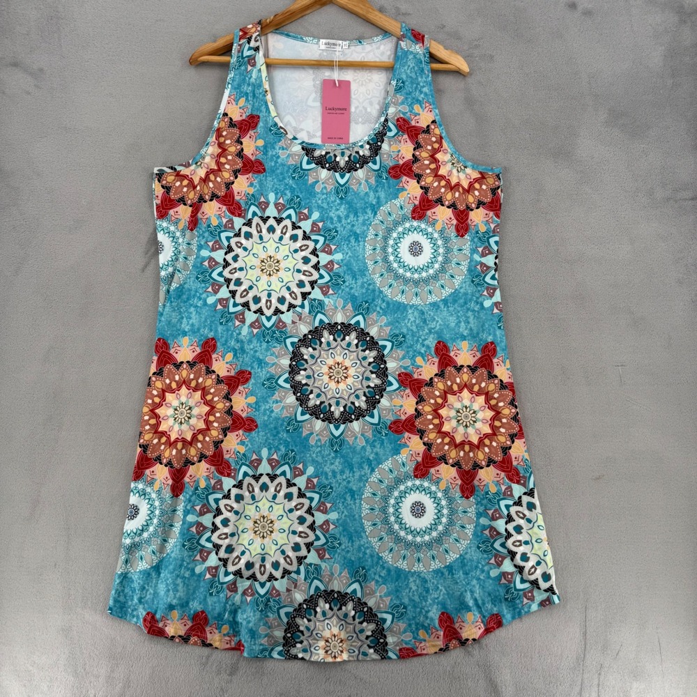 Luckymore Womens Size 2XL Teal Blue Mandala Floral Racerback Tank Dress